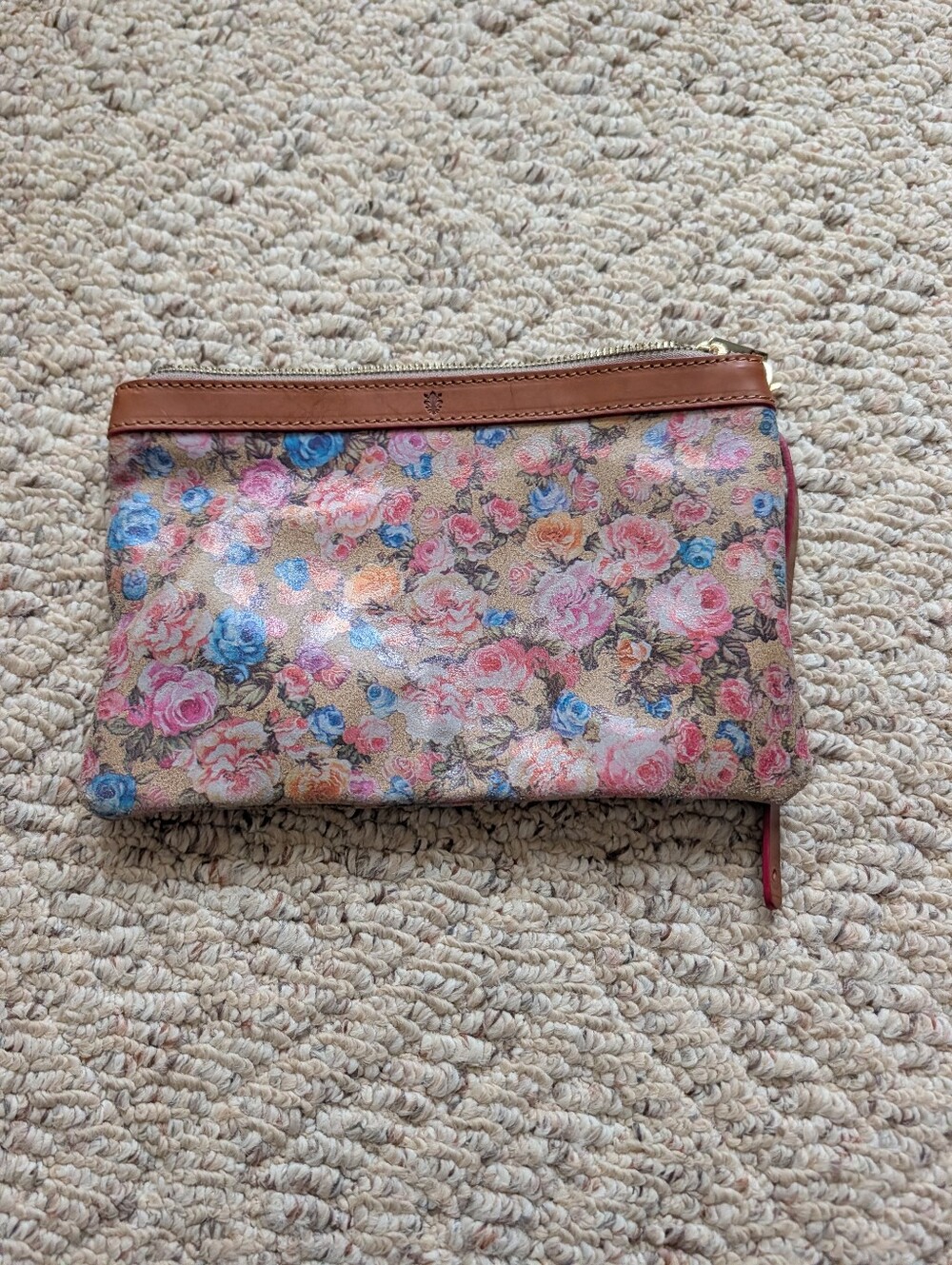 Garuglieri Brown Leather Floral Wristlet Clutch Cosmetic Bag Made in Italy